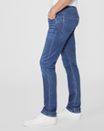 waist down side view of the federal slim straight jean from paige in redding blue