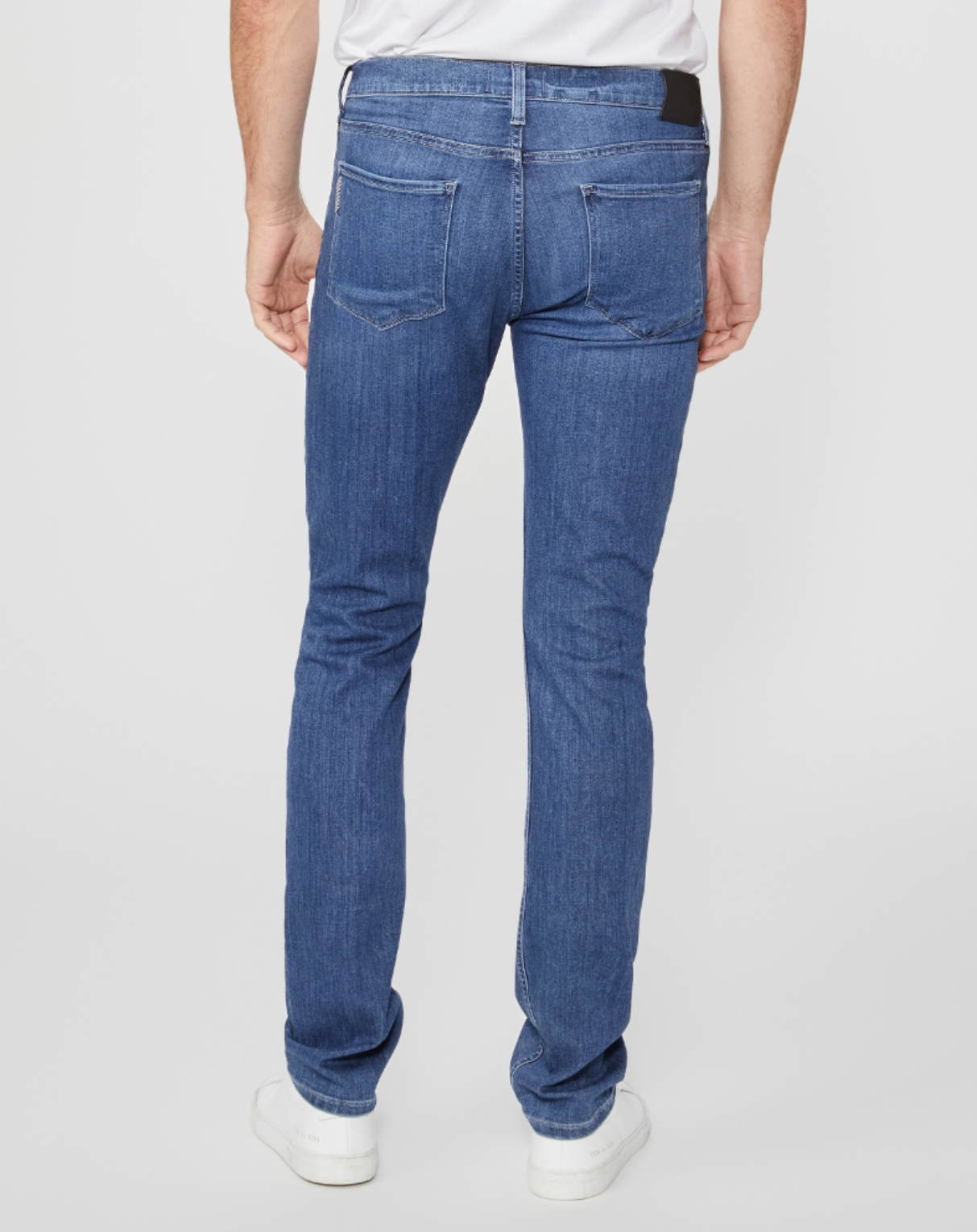 waist down rear view of the federal slim straight jean from paige in redding blue