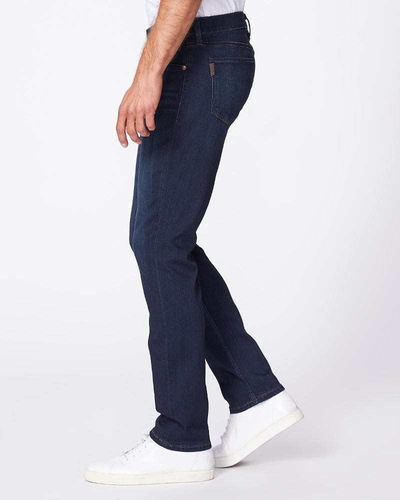 waist down side view of the federal slim straight jean from paige in russ blue