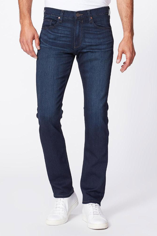 waist down front view of the federal slim straight jean from paige in russ blue